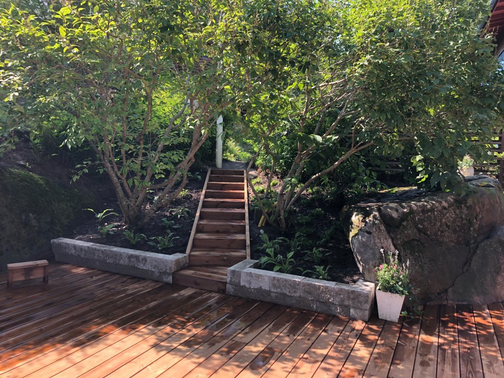 Portaat ja terassi ovat osa kauniisti toteutettua piharemonttia